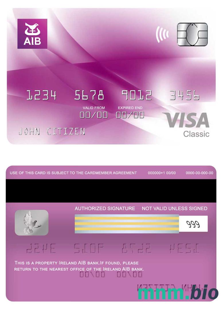 Ireland AIB bank visa klasyczny karta przykład w formacie PSD